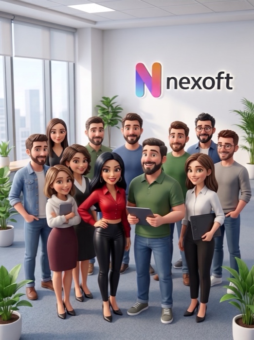 Nexoft team in front of the office logo wall
